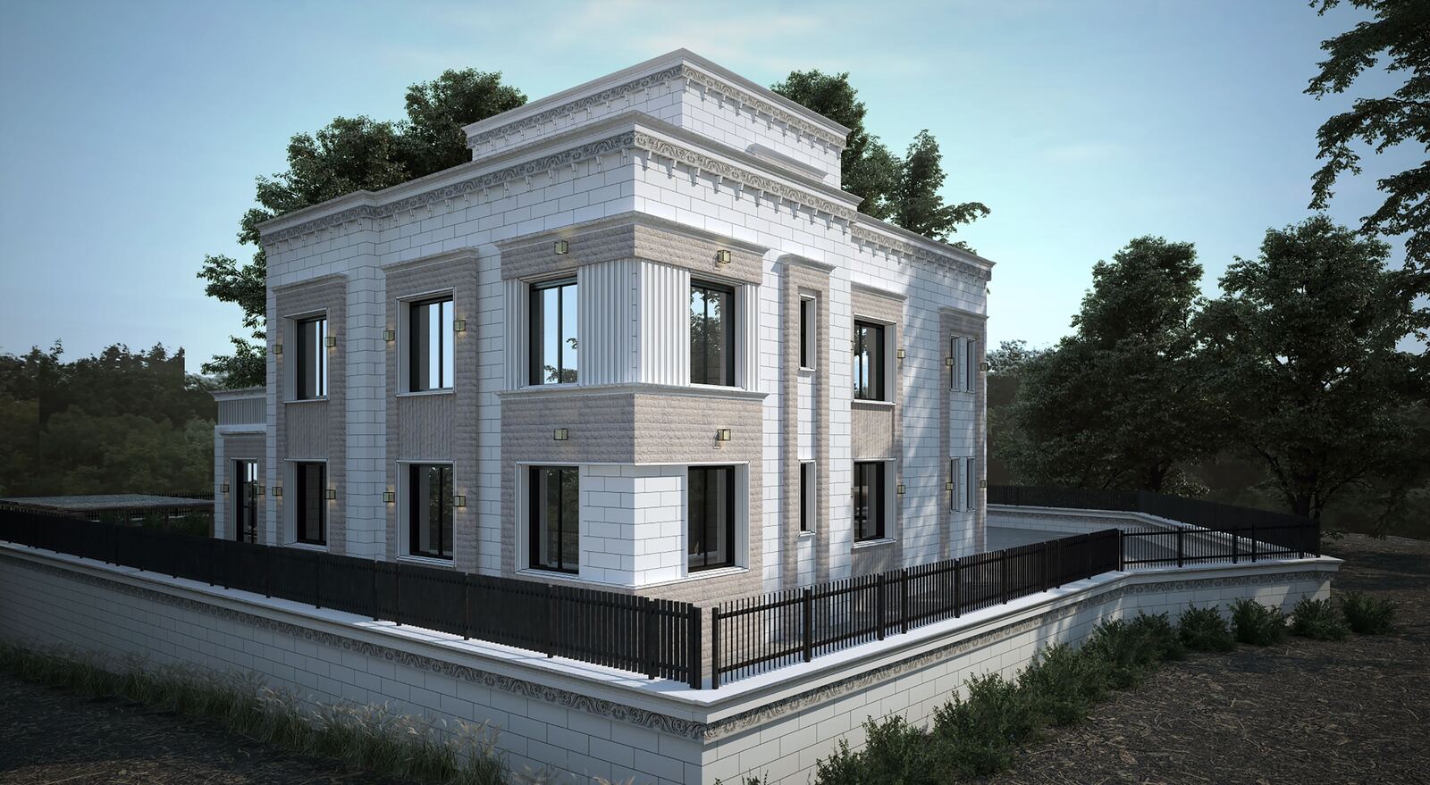 კერძო სახლის პროექტი — კლასიკური ვილა ქვის ფასადითა და კოლონებით